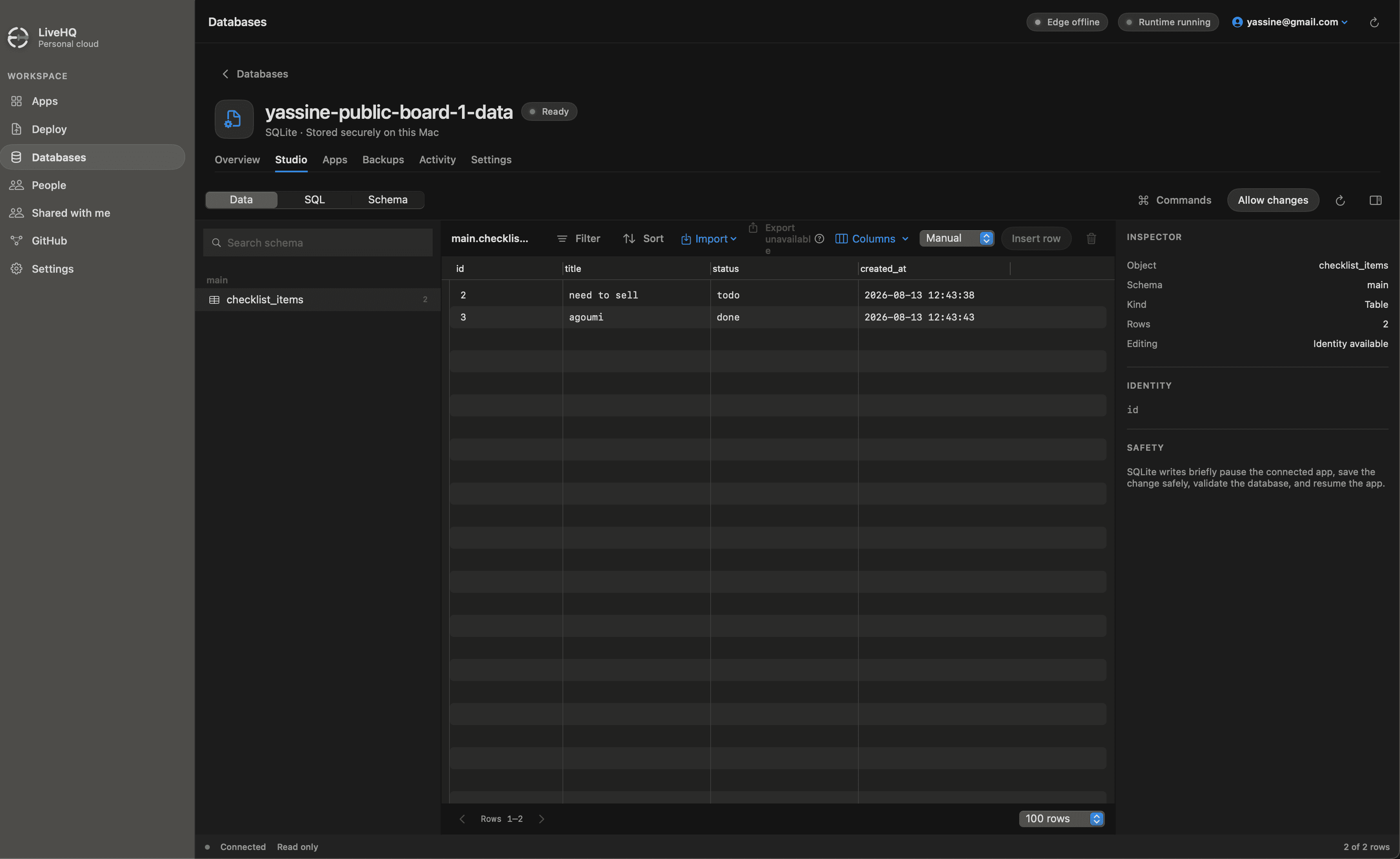 Database Studio in LiveHQ: an SQLite database stored on the Mac with Data, SQL, and Schema tabs, a checklist_items table showing rows, an inspector panel with schema details, and a safety note explaining that writes briefly pause the connected app while changes are validated.