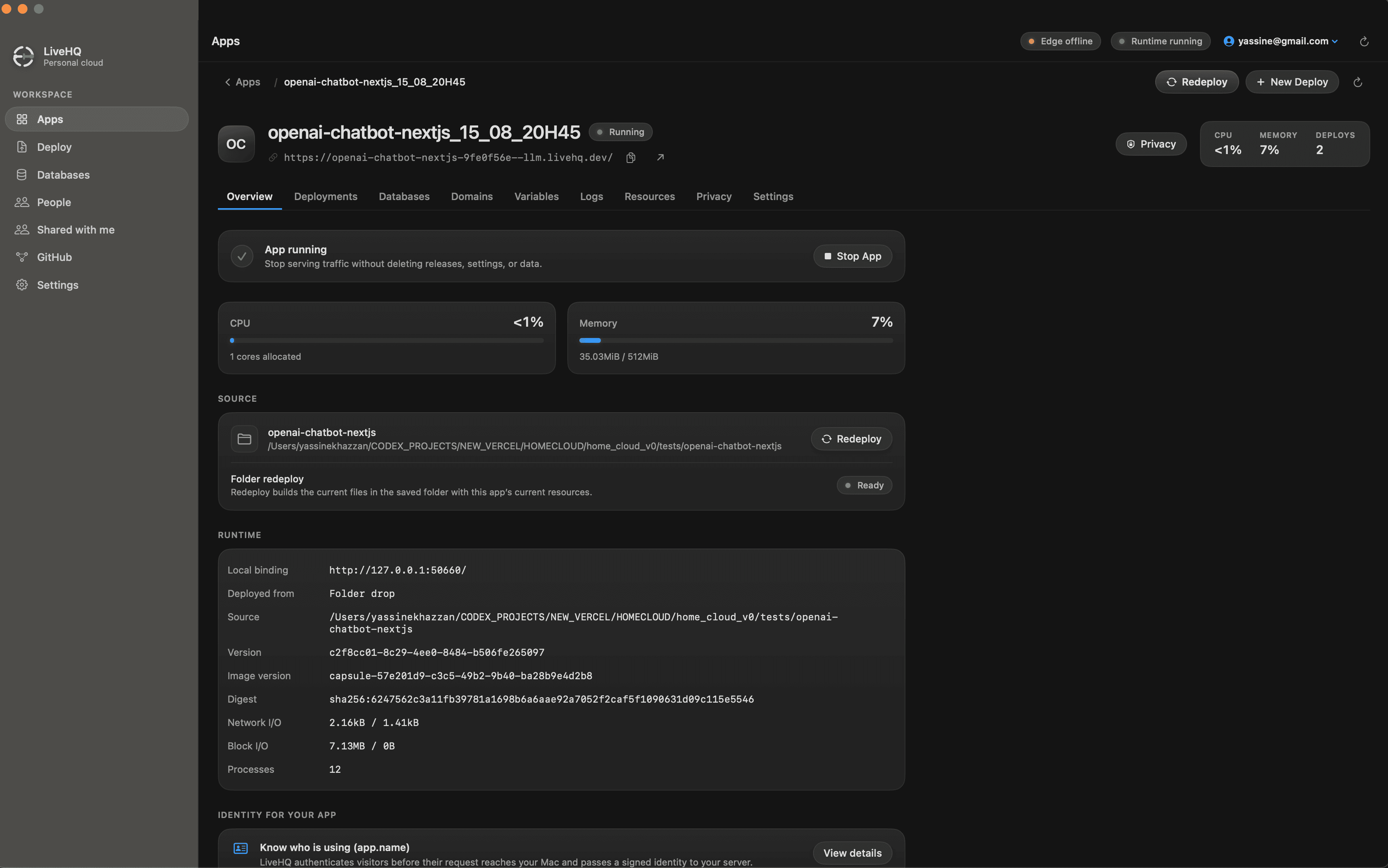 An app Overview screen in LiveHQ: Running status with its public URL, CPU under one percent, memory at seven percent, the source folder ready for redeploy, and runtime evidence — local binding, deployed-from, version, image version, digest, network and block I/O, and process count.