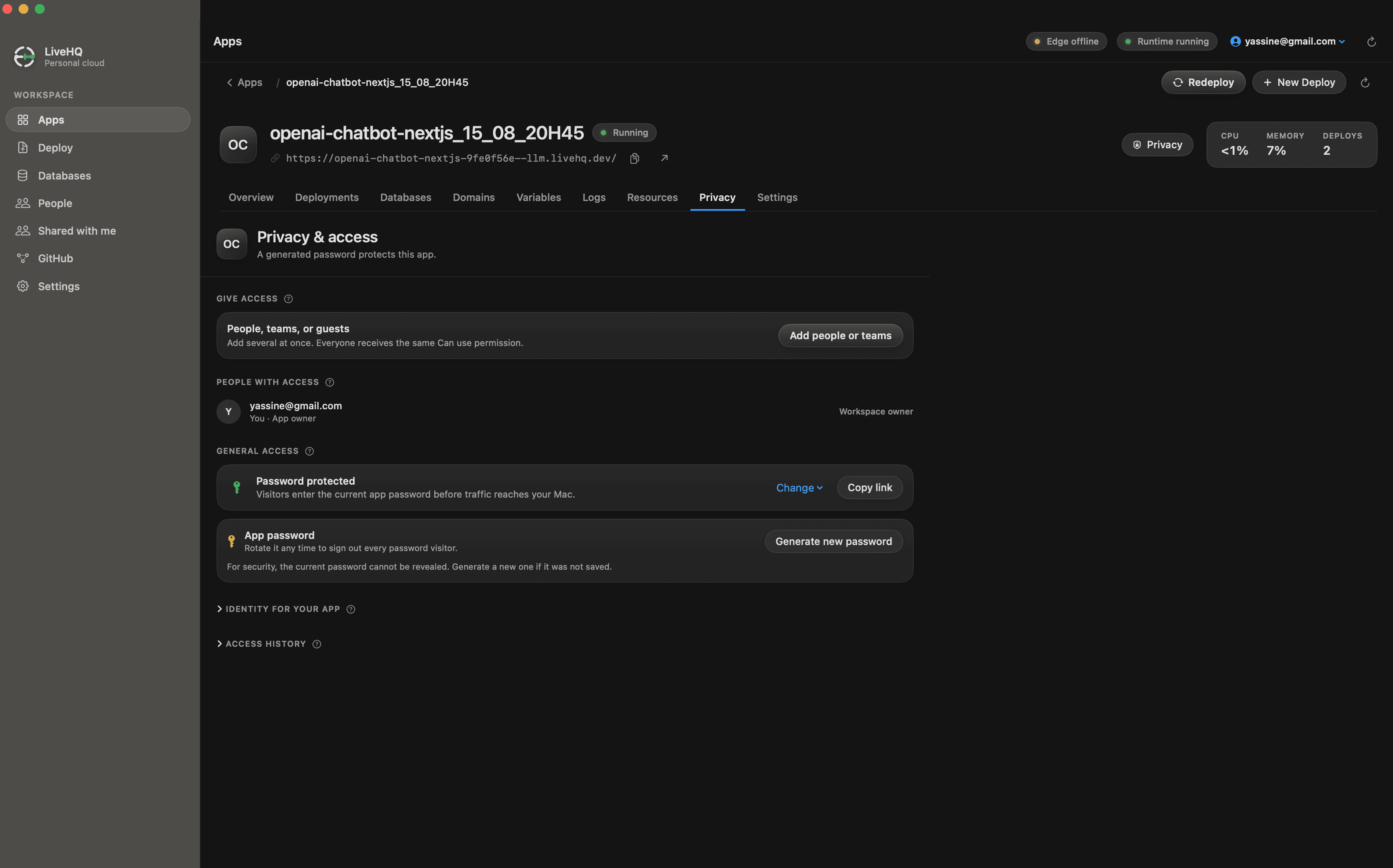 The Privacy & access screen for a running app: password-protected general access, an Add people or teams control, the list of people with access, and app-password rotation with a Generate new password button.