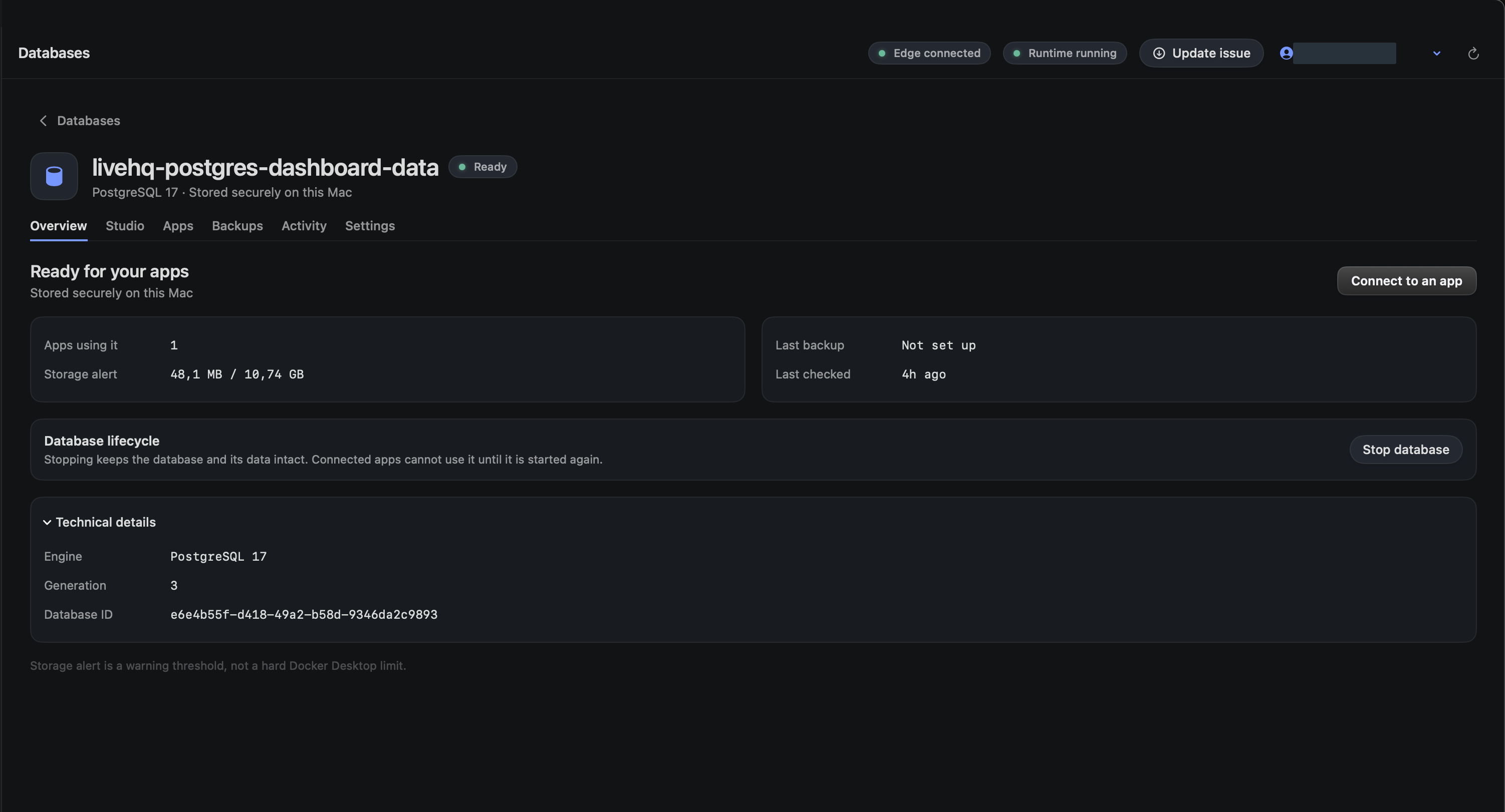 LiveHQ managed PostgreSQL overview with Ready status, Connect to an app, storage information, and an independent lifecycle control.