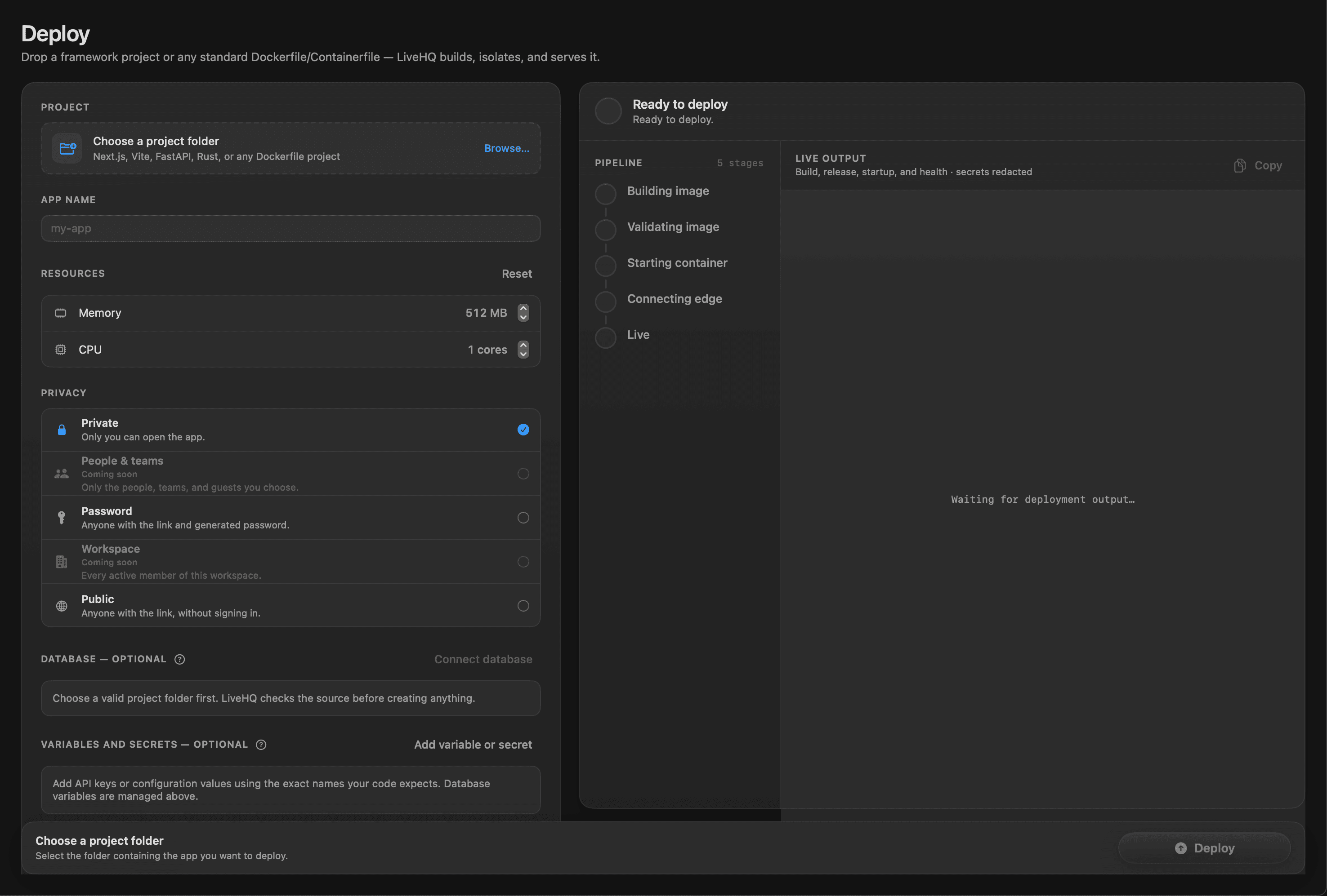 LiveHQ deployment workbench with project selection, resources, privacy, database and deployment pipeline controls.