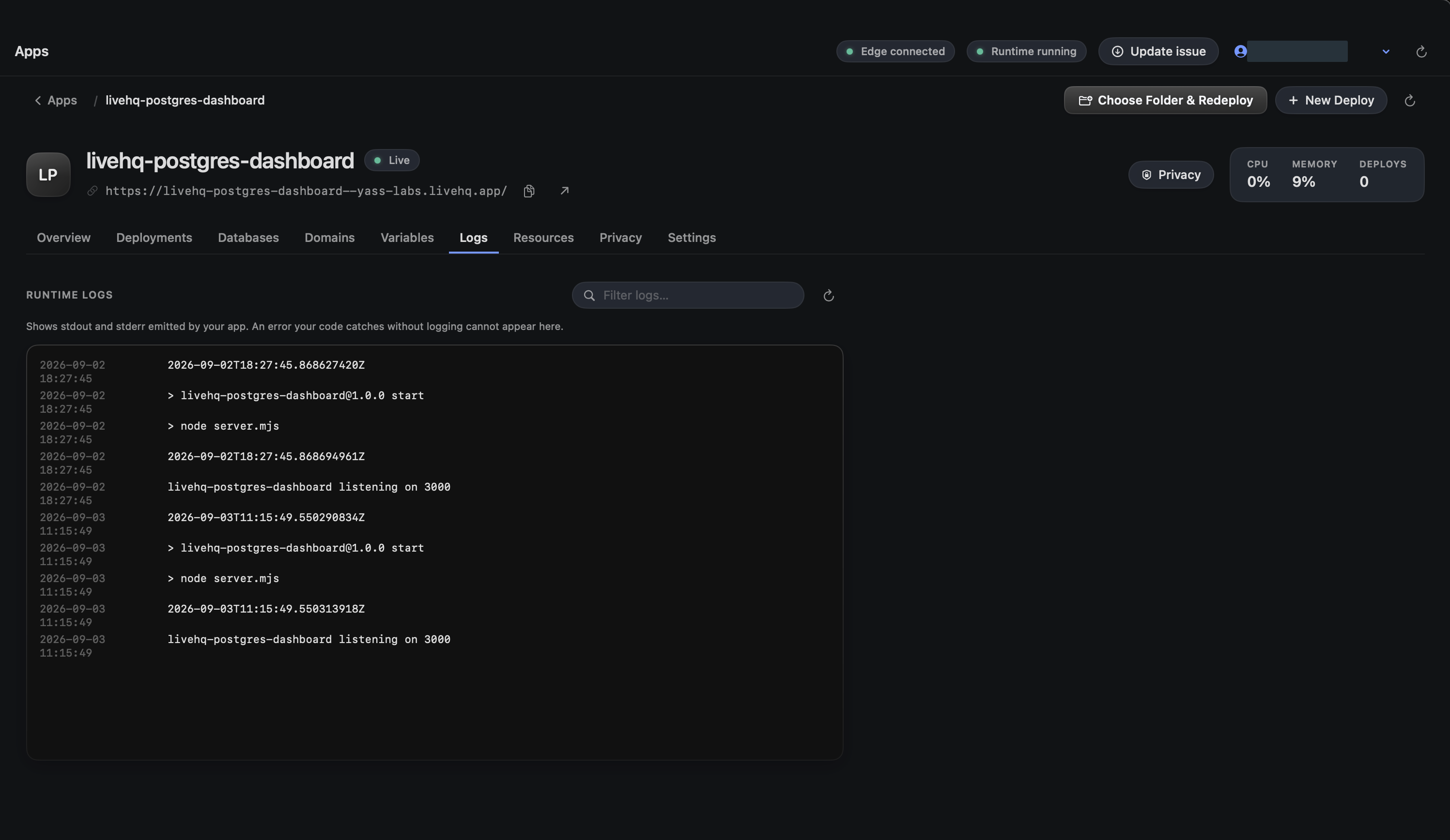 The LiveHQ Logs screen with a filter and recorded application startup output.