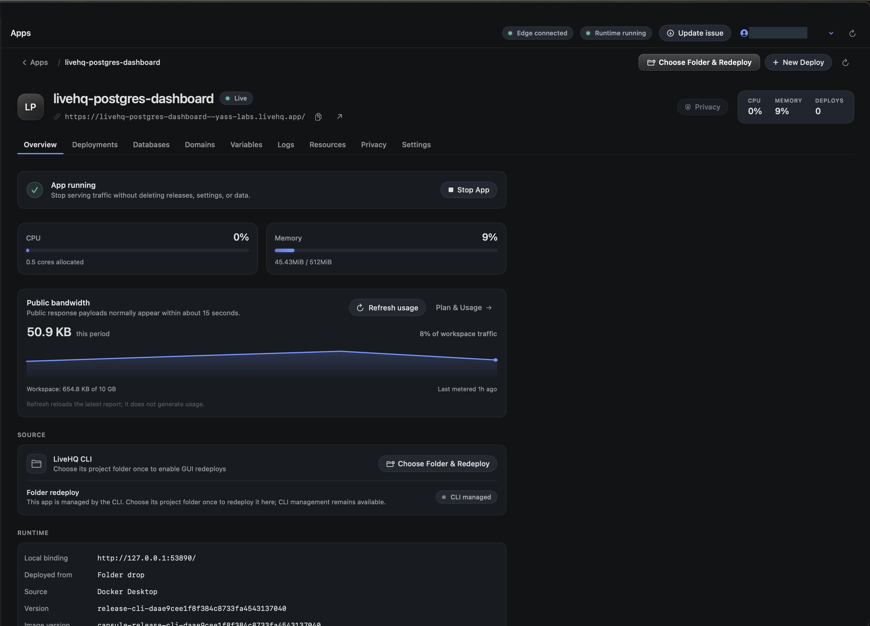 LiveHQ Overview with a running state, recorded CPU, memory and bandwidth, and a CLI-managed source panel.